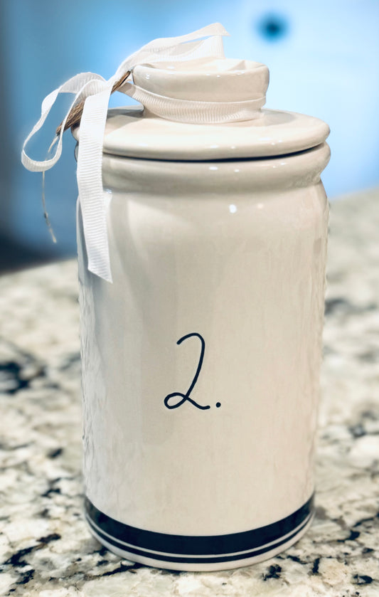 New Release Rae Dunn white ceramic cylinder canister with black rim 2.