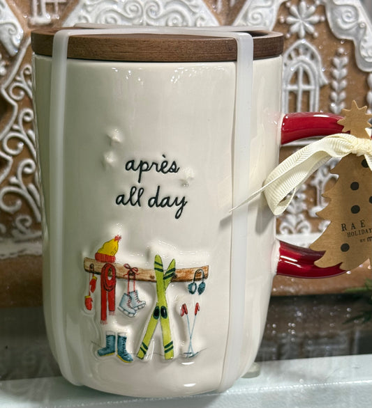 New Rae Dunn white ceramic coffee mug Christmas decor with coaster top APRES ALL DAY