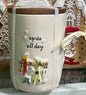 New Rae Dunn white ceramic coffee mug Christmas decor with coaster top APRES ALL DAY