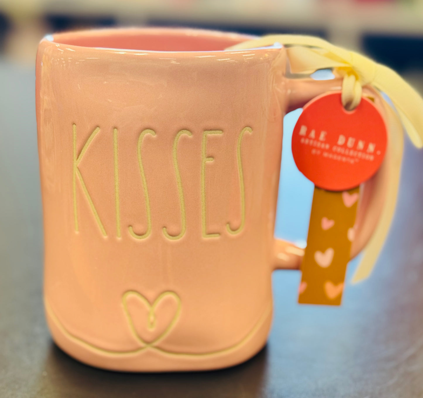 New Rae Dunn pink ceramic heart mug KISSES