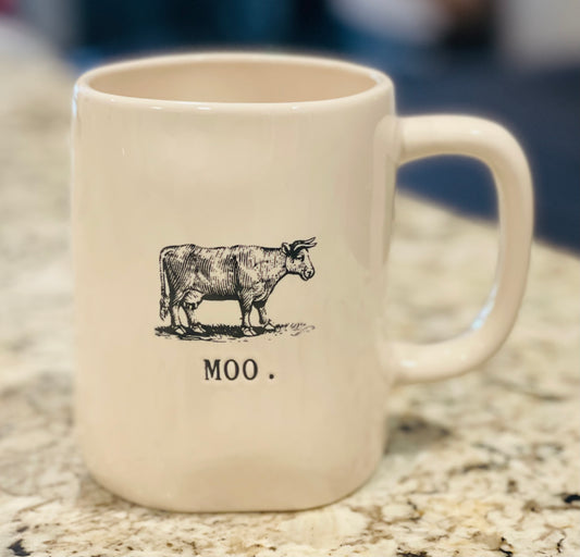 New release Rae Dunn white ceramic farmhouse coffee mug MOO. cow picture on front