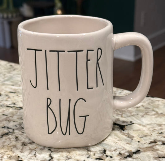 New Rae Dunn white ceramic coffee mug JITTER BUG