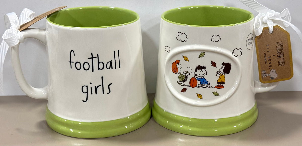 New Rae Dunn x Peanuts Snoopy ceramic coffee mug FOOTBALL GIRLS