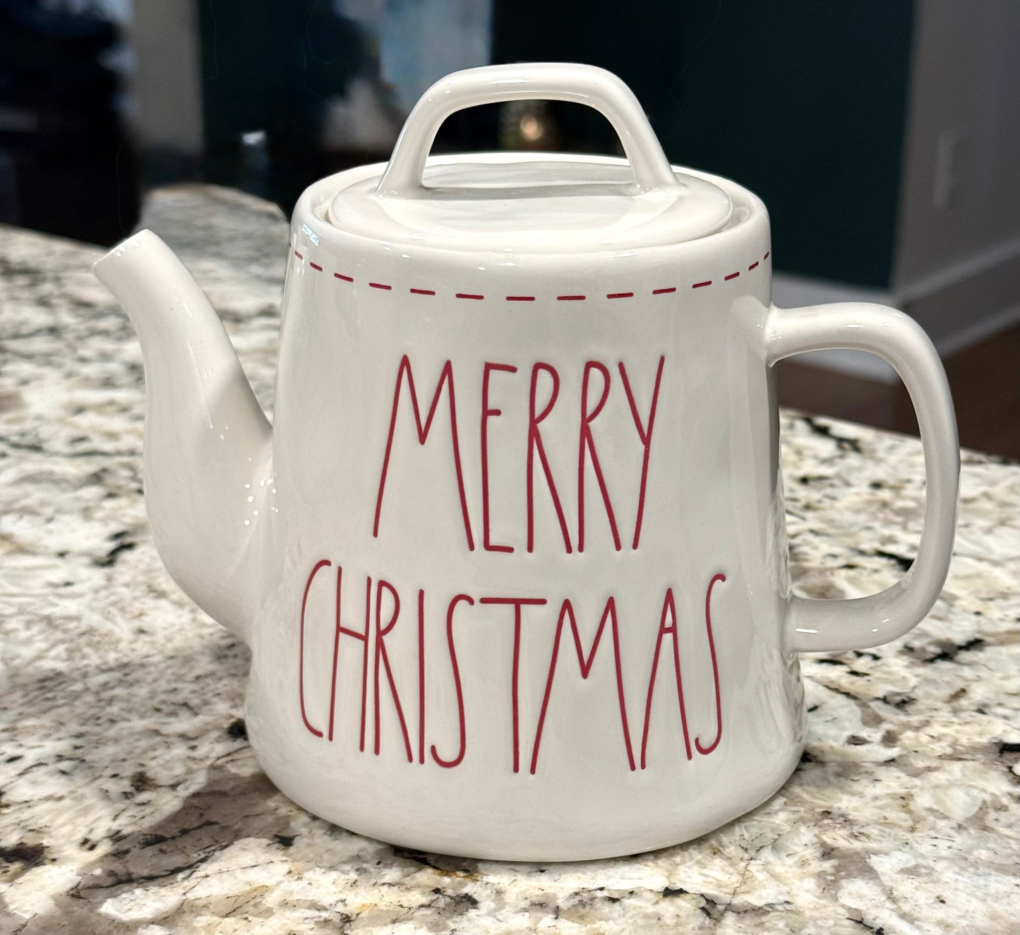 New Rae Dunn white ceramic red stitch Christmas teapot decor MERRY CHRISTMAS