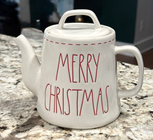 New Rae Dunn white ceramic red stitch Christmas teapot decor MERRY CHRISTMAS