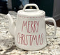 New Rae Dunn white ceramic red stitch Christmas teapot decor MERRY CHRISTMAS