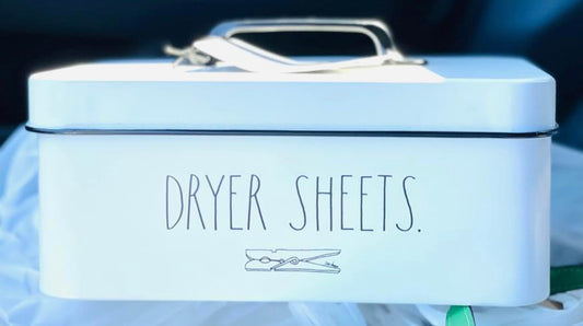 New Rae Dunn white metal DRYER SHEETS container/storage bin