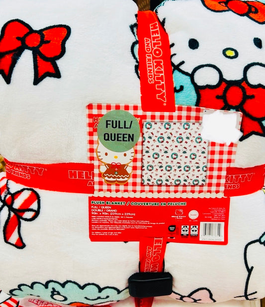 New White Hello Kitty Full/Queen 90x90 Christmas 🤶🏻 wreath & bow bedding blanket