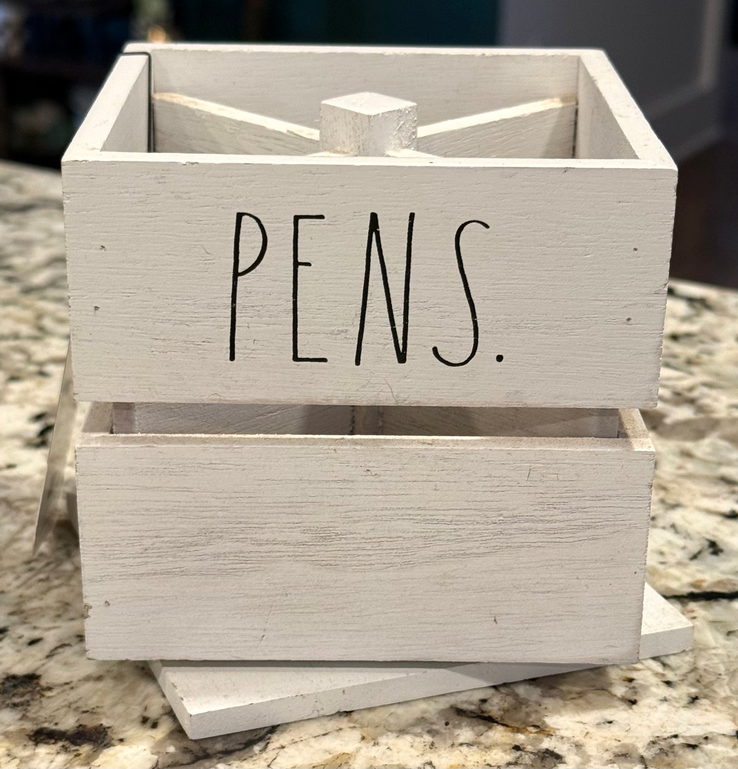 New Rae Dunn white wood storage box PENS/PENCILS spinning container 4.5”