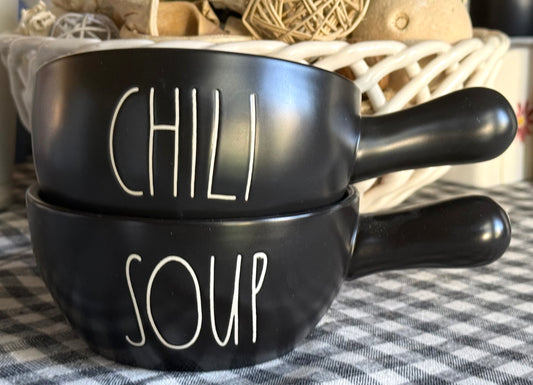 New Rae Dunn 2-piece black ceramic handled bowl set CHILI/SOUP
