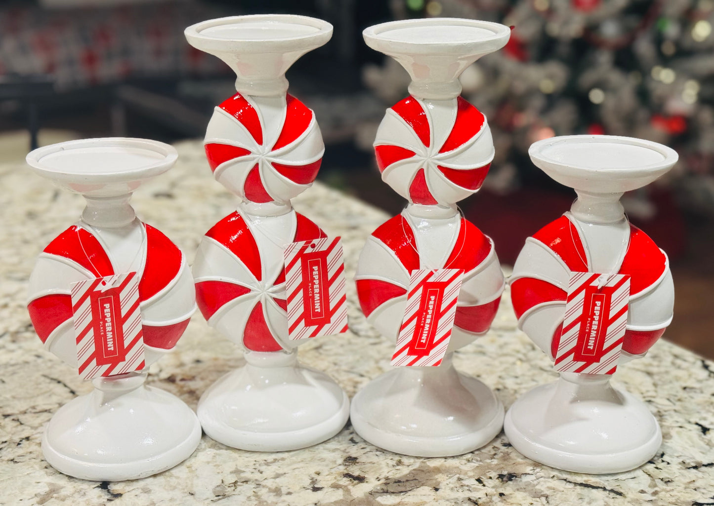 New 4-piece Christmas decor wood peppermint candle stick holder set both sizes included! 11.25 & 8.75”