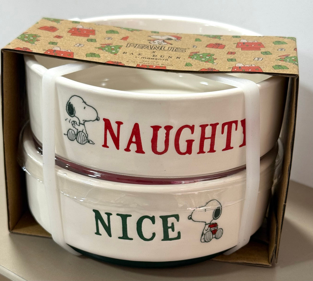 New Rae Dunn x Peanuts Snoopy Christmas 4” bowl set NAUGHTY /NICE