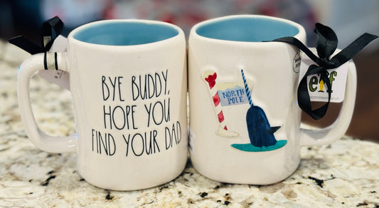 New Rae Dunn x Elf Movie ceramic coffee mug BYE BUDDY I HOPE YOU FIND YOUR DAD