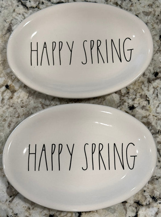 New Rae Dunn 2-white ceramic oval plate set HAPPY SPRING