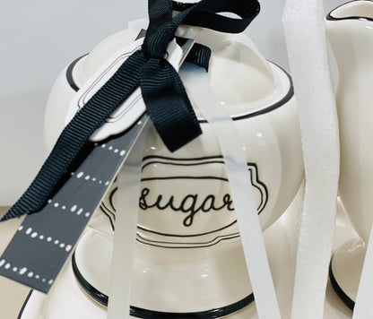 New release! Rae Dunn script ceramic CREAM & SUGAR set with holding tray black and white