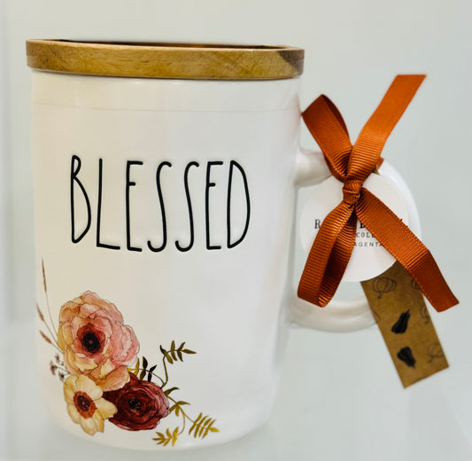 New Rae Dunn fall ceramic floral coffee mug with coaster top BLESSED