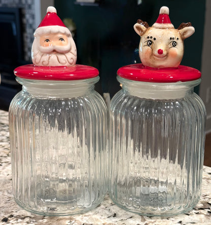 New Joanna Parker glass santa/reindeer Christmas topped storage jar set