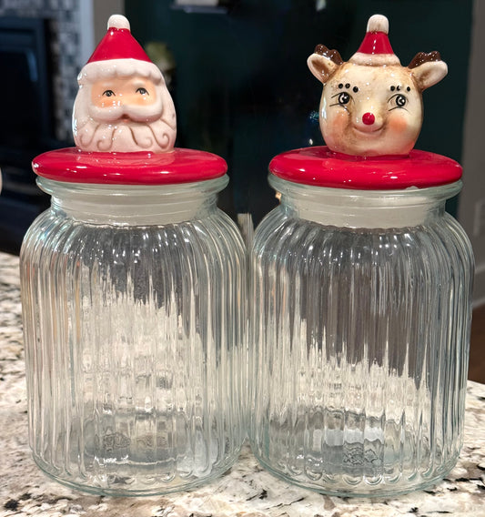 New Joanna Parker glass santa/reindeer Christmas topped storage jar set