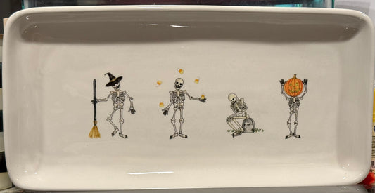 Rae Dunn white ceramic 14x6.5 dancing skeletons Halloween platter serving tray