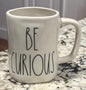 Rae Dunn white ceramic coffee mug BE CURIOUS