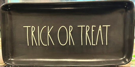 New Rae Dunn black ceramic 10x5 TRICK OR TREAT Halloween decor serving platter