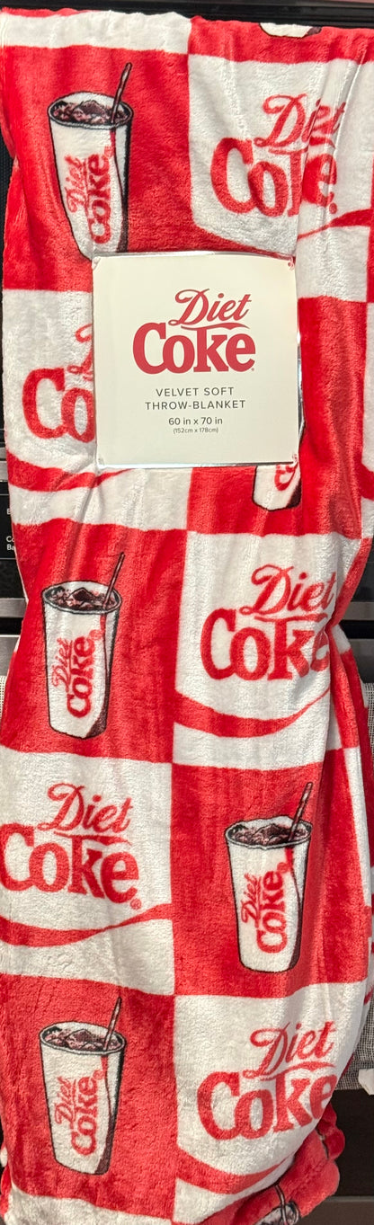 New red plaid Diet Coke fan gift set throw blanket & dish towel lot. 60x70 oversized velvety soft blanket. 2 towels.