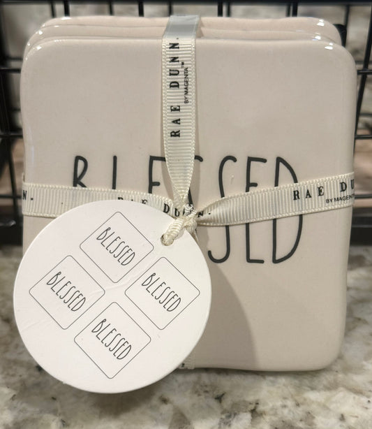 New Rae Dunn white ceramic 4-piece BLESSED coaster set
