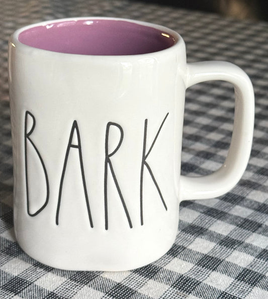 New Rae Dunn white ceramic coffee mug BARK -purple interior