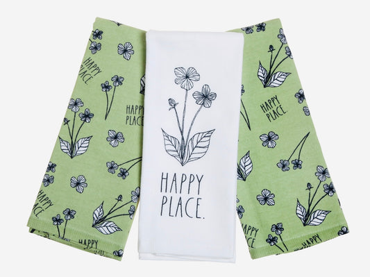 Rae Dunn Happy Flower Kitchen Towel Set, 16”x26”, 3 Pack, Green & White
