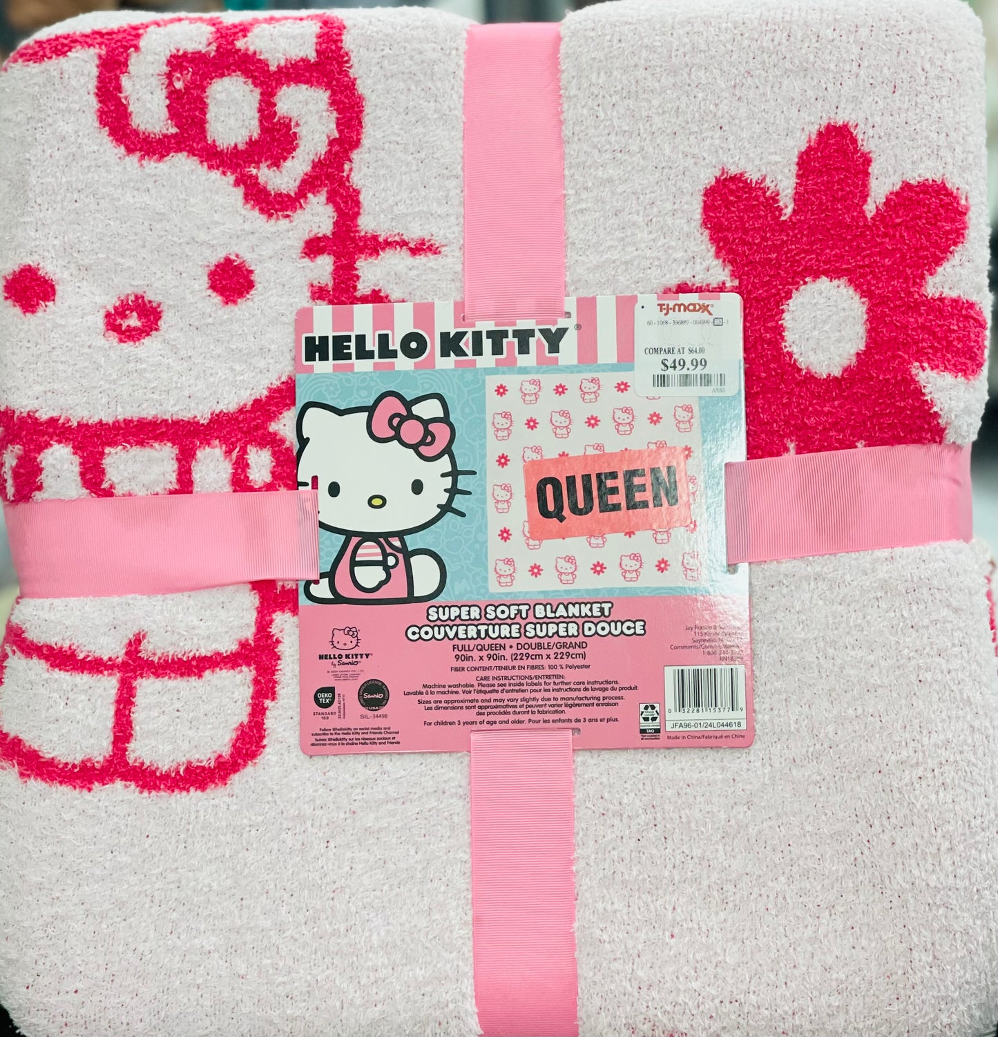 New Release! Hello Kitty full/queen super soft blanket 90x90 white & pink floral reversible style