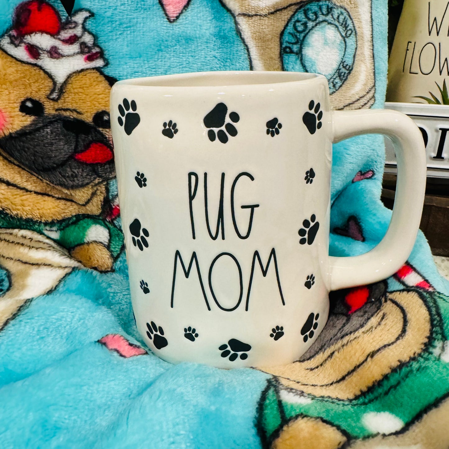 New Rae Dunn & Pickles and Dot blanket/mug combo gift set PUG MOM ceramic mug & 60x70 throw