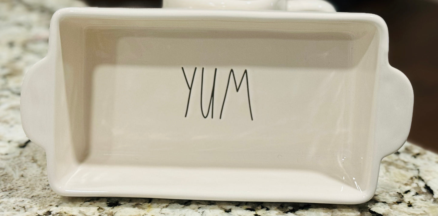 New Rae Dunn white ceramic YUM baking dish 11x5.5”