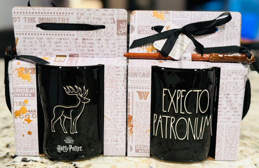 New Rae Dunn x Harry Potter black ceramic mug & wand set EXPECTO PATRONUM