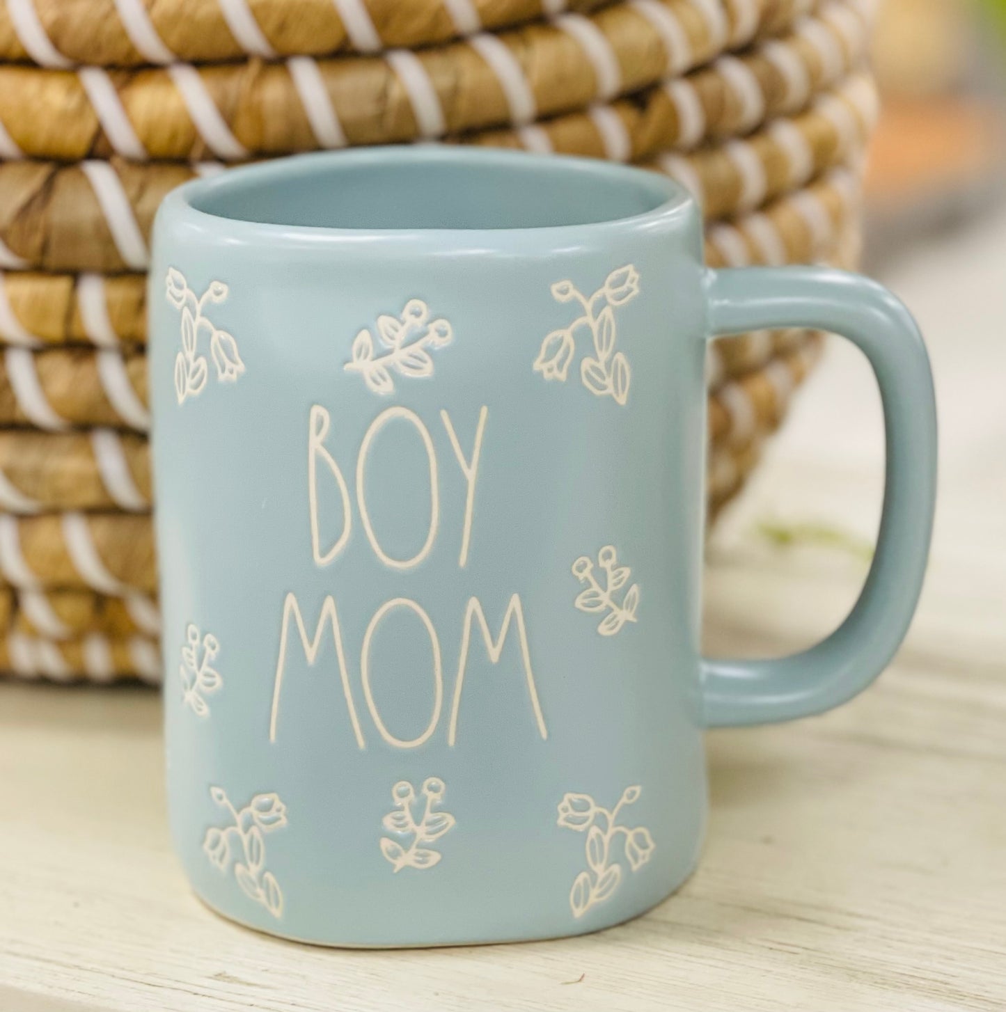 New Rae Dunn blue floral ceramic coffee mug BOY MOM