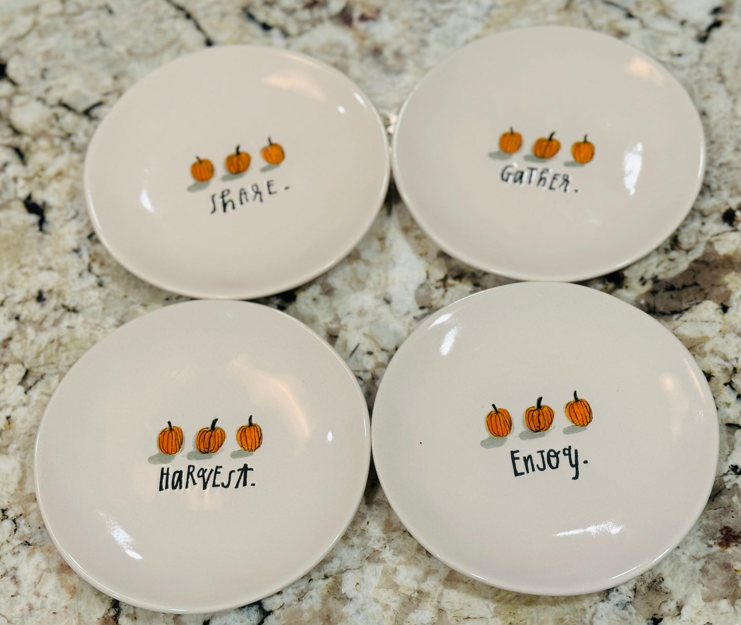 New Rae Dunn white ceramic watercolor Pumpkin 4-piece dessert plate set