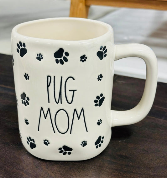 New Rae Dunn white ceramic paw print 🐾 coffee mug PUG MOM