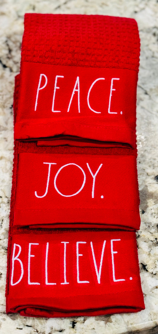 New red Rae Dunn Christmas 3-piece kitchen dish towel set PEACE JOY BELIEVE