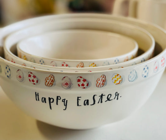 New Rae Dunn 3-piece white ceramic Easter watercolor bowl set