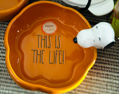 New Rae Dunn ceramic Peanuts Snoopy Halloween THIS IS THE LIFE! pumkin bowl