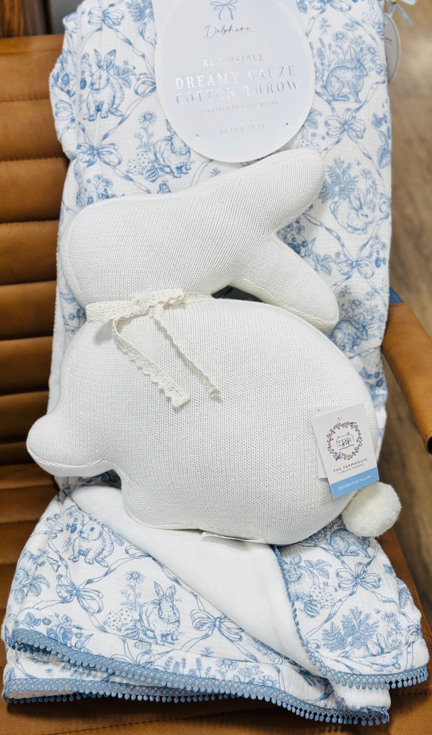 New Blue coquette Easter bunny gauzy reversible throw blanket and white bunny pillow with lace ribbon 50x70 throw