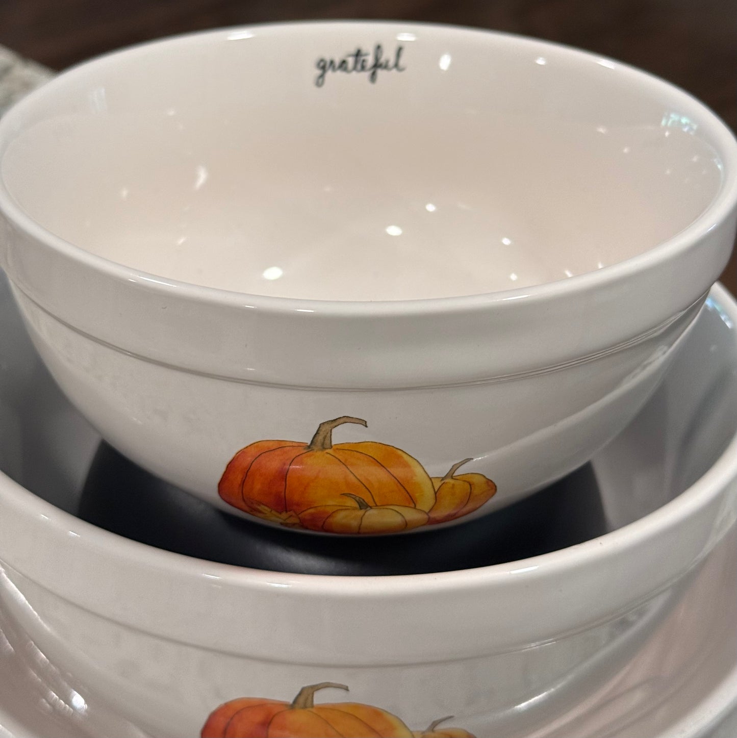 New Rae Dunn ceramic 3-piece Happy Harvest Thanksgiving pumpkin bowl set. THANKFUL, BLESSED, GRATEFUL
