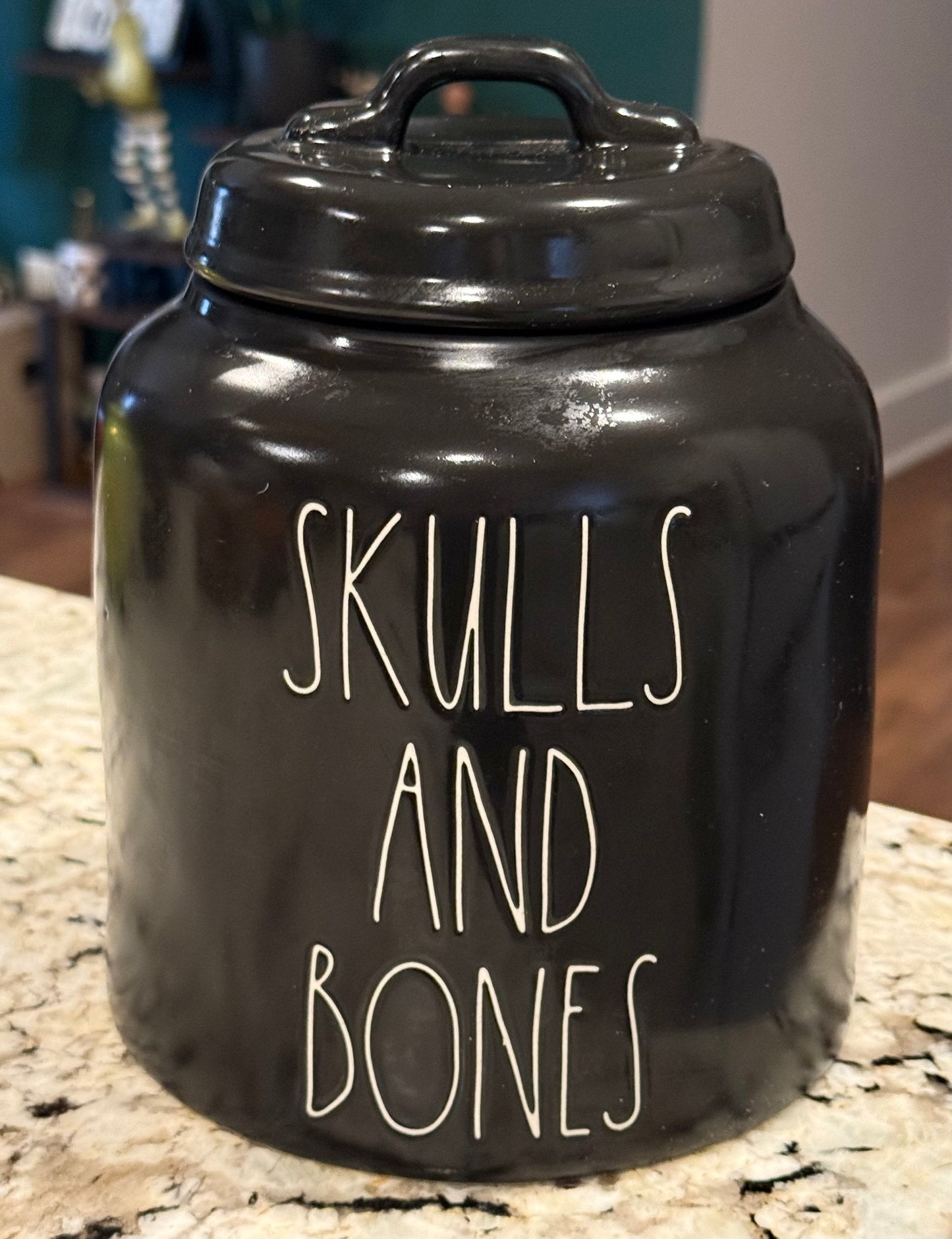 New Rae Dunn black  ceramic 8” SKULLS AND BONES canister Halloween decor - all black