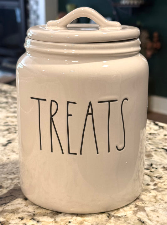 New Rae Dunn 8” flat top lid white ceramic TREATS canister