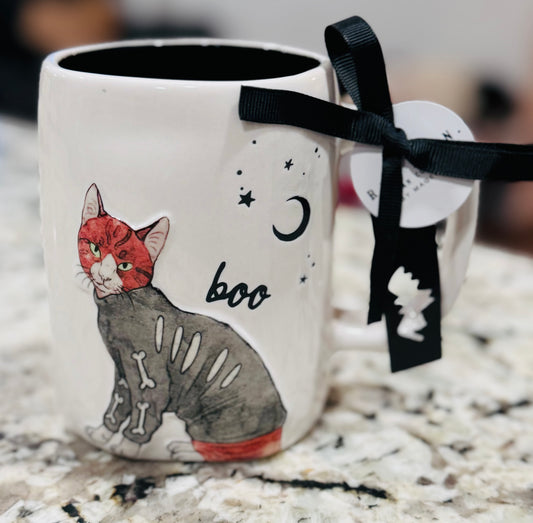 New Rae Dunn white ceramic Boo! ceramic Cat Halloween decor mug