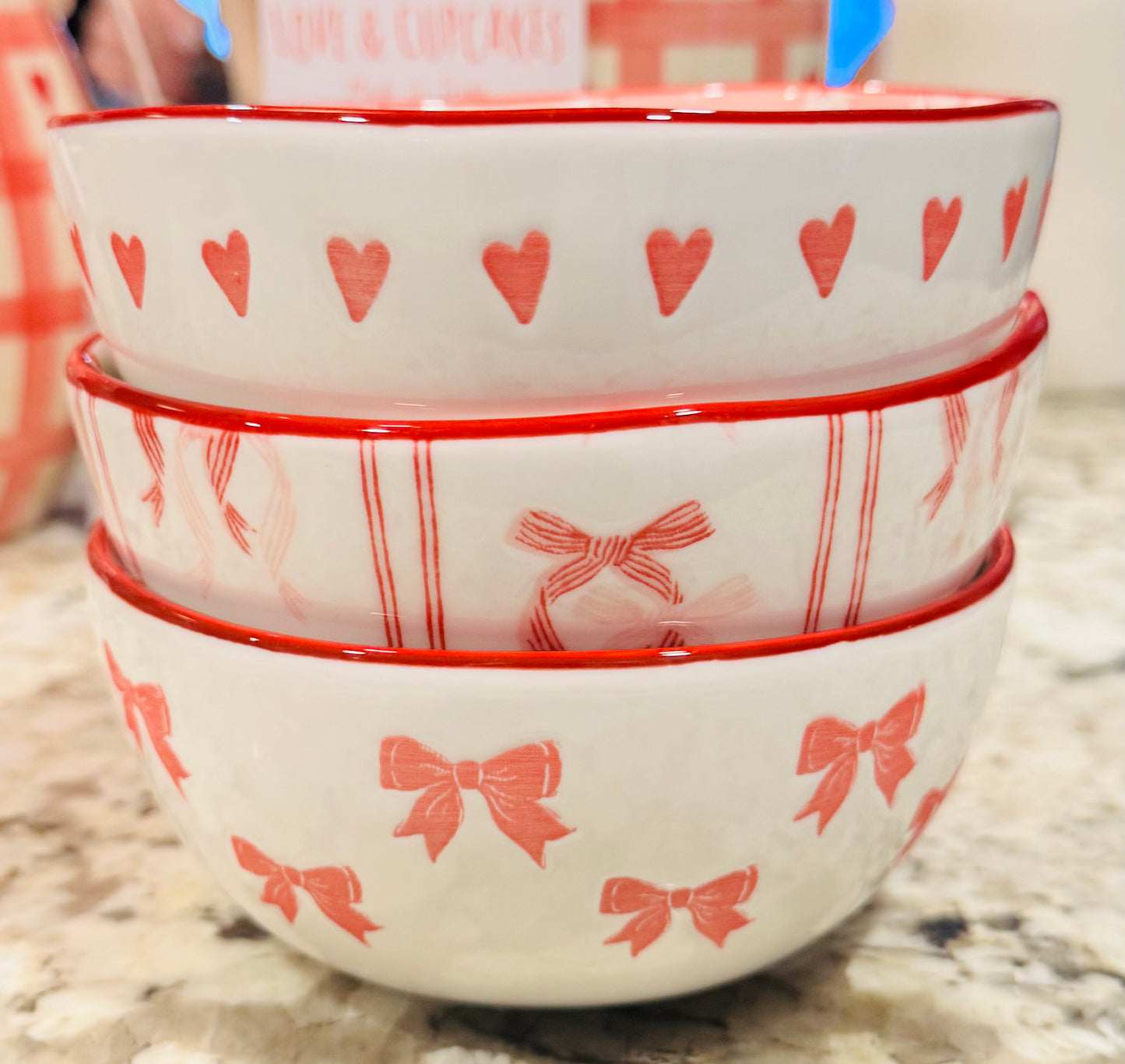 New Love and Cupcakes ceramic 3-piece heart and bow bowl set