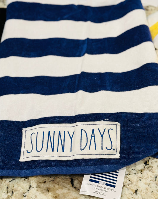 New Rae Dunn blue striped SUNNY DAYS patch beach towel 36x68 100%cotton
