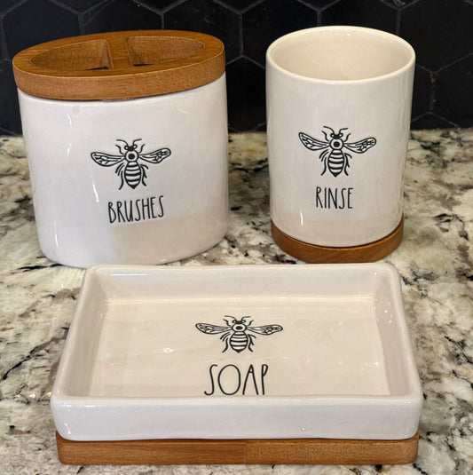 New Rae Dunn 3-piece 🐝 theme bathroom accessories set BRUSHES, RINSE, SOAP