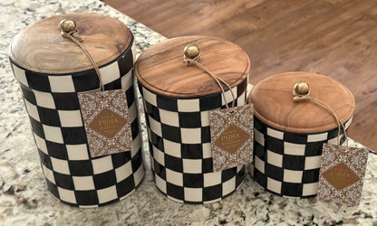 New ceramic Made in India black check checkered canister pantry set. Wood lids, sizes 9.5, 8, 5.5”