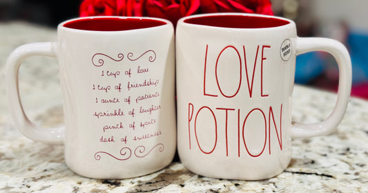 New Rae Dunn white ceramic coffee mug LOVE POTION recipe on back