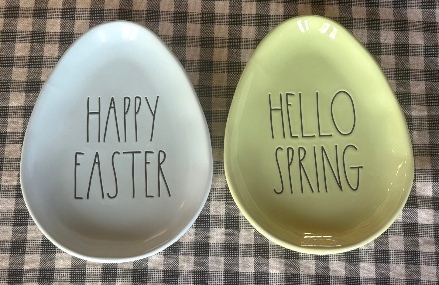New Rae Dunn blue/green ceramic Easter 2-piece egg shaped plate set HAPPY EASTER/HELLO SPRING